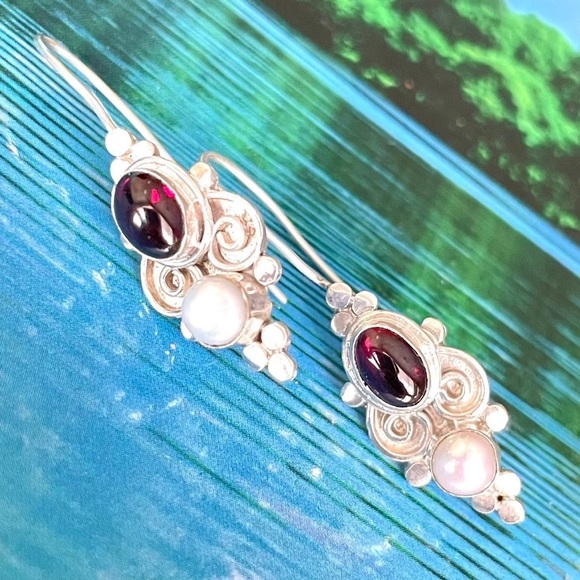 STERLING SILVER 925 MULTI GEMS EARRINGS PEARL GARNET BALI STUD & EARRINGS - Picture 3 of 7